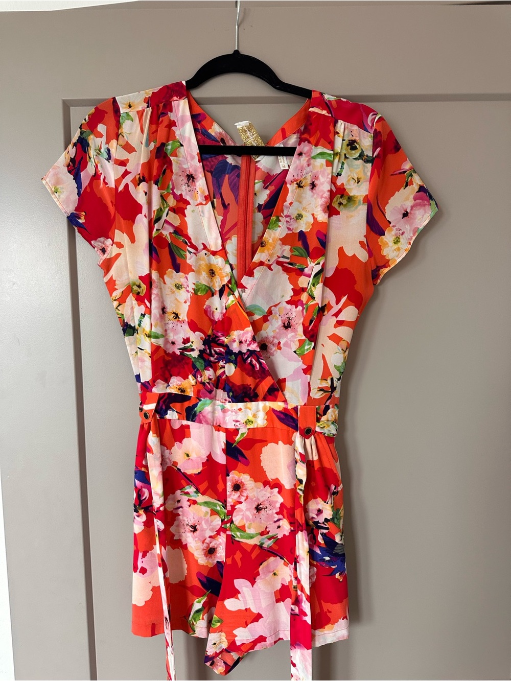 Yumi Kim Red Pink Floral Wrap Mini Romper